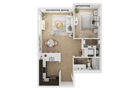 A top-down view of a small, neatly organized apartment  at Spyglass Hill Apartments, Bremerton, 98337